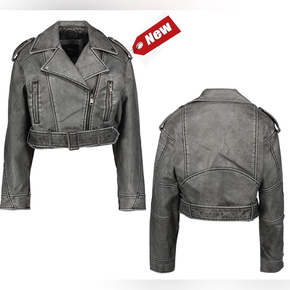 QED LONDON Gray Washed Faux Leather PU Zip Up Belted Cropped Moto Biker Jacket 8